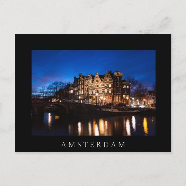 Amsterdam canal houses at night postcard (Front)