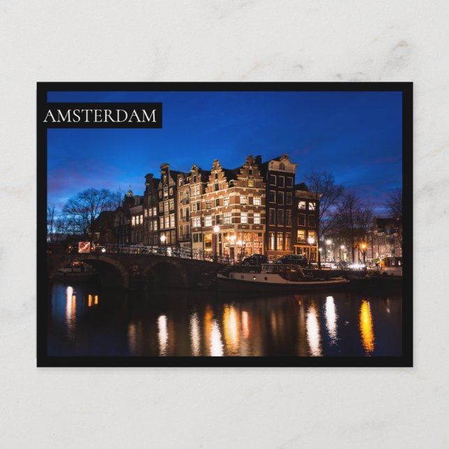 Amsterdam canal houses at night postcard (Front)