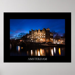Amsterdam canal houses at night poster