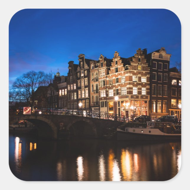 Amsterdam canal houses at night square sticker (Front)