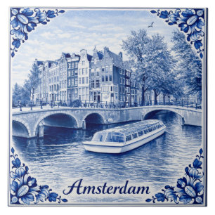 Amsterdam canal houses Delft Blue style tile