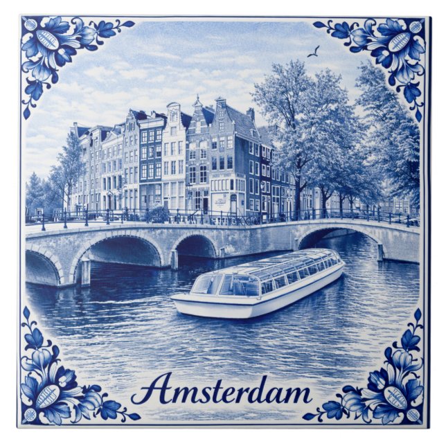 Amsterdam canal houses Delft Blue style tile (Front)