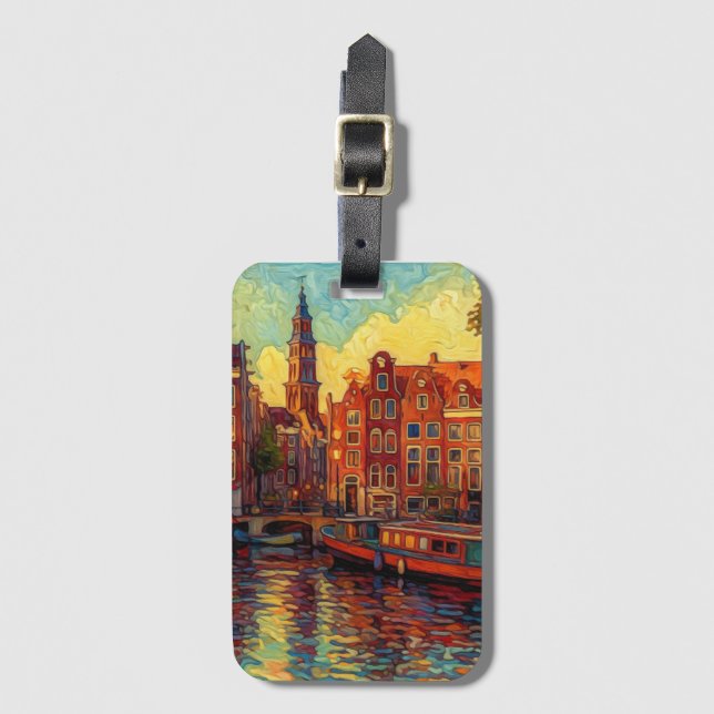 Amsterdam canal houses van Gogh style Luggage Tag (Front Vertical)