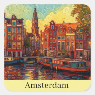 Amsterdam canal houses van Gogh style Square Sticker