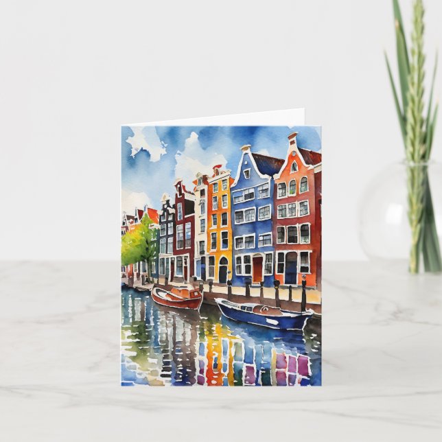 Amsterdam Canal Houses Watercolor Stationery Card (Front)