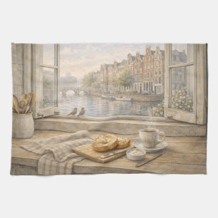 Amsterdam Canal Kitchen Watercolor with Morning Ci Tea Towel