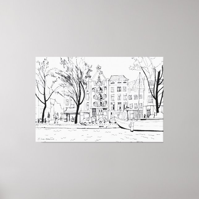 Amsterdam Canal Line Drawing – Black & White Canvas Print (Front)