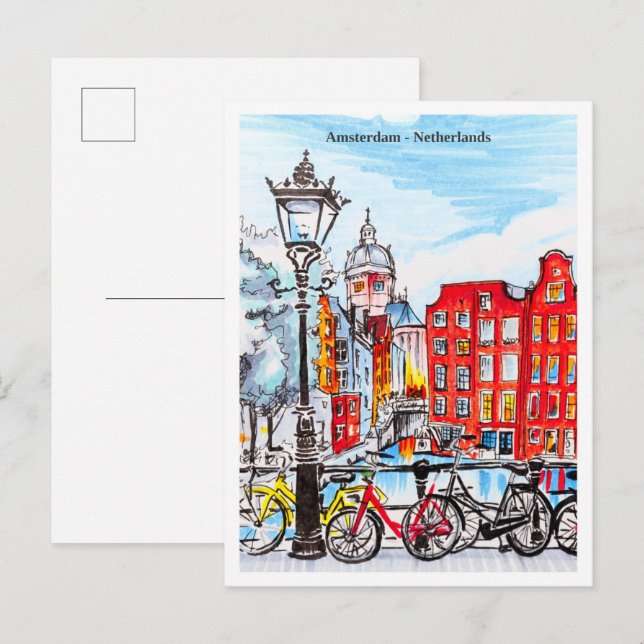 Amsterdam Canal Netherlands Sketch Postcard (Front/Back)