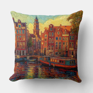 Amsterdam Canal Row Dutch Impressionist Art Cushion