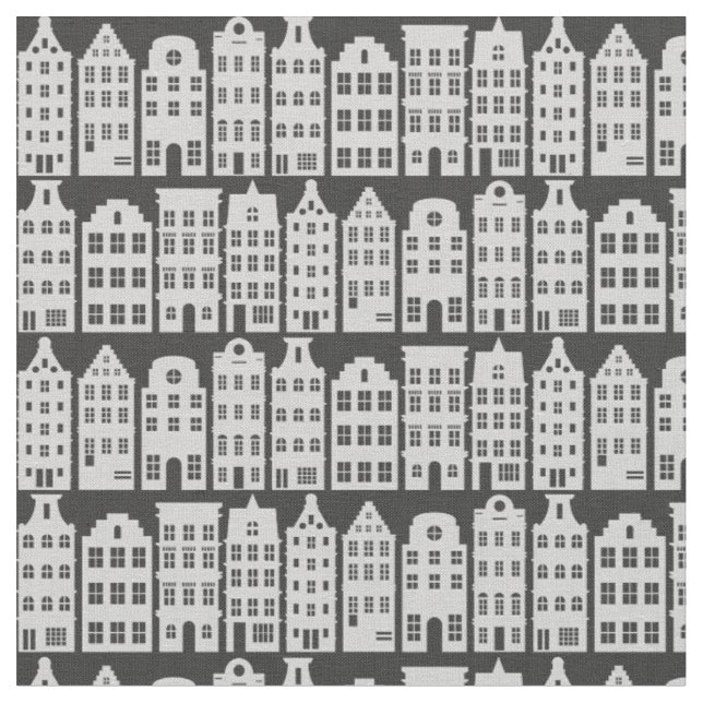 Amsterdam Canal Row Houses Charcoal Silver Pattern Fabric (Close Up)