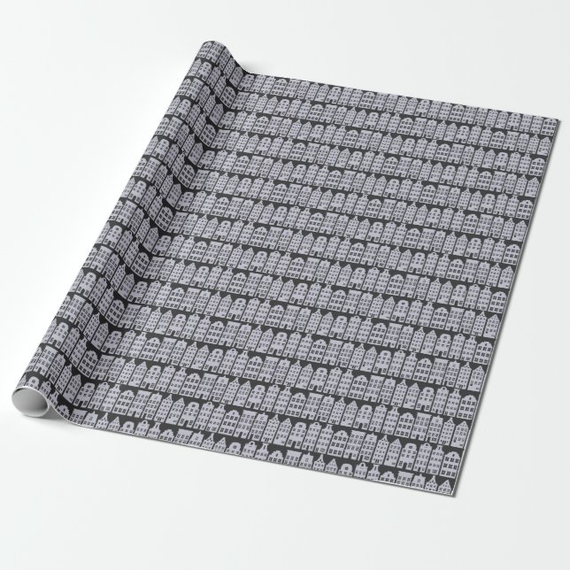 Amsterdam Canal Row Houses Charcoal Silver Pattern Wrapping Paper (Unrolled)