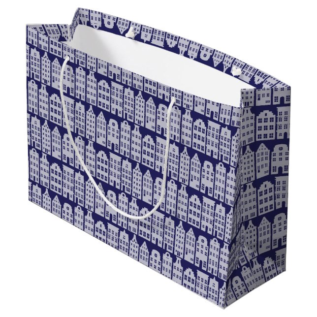 Amsterdam Canal Row Houses Cobalt Blue Pattern Large Gift Bag (Back Angled)