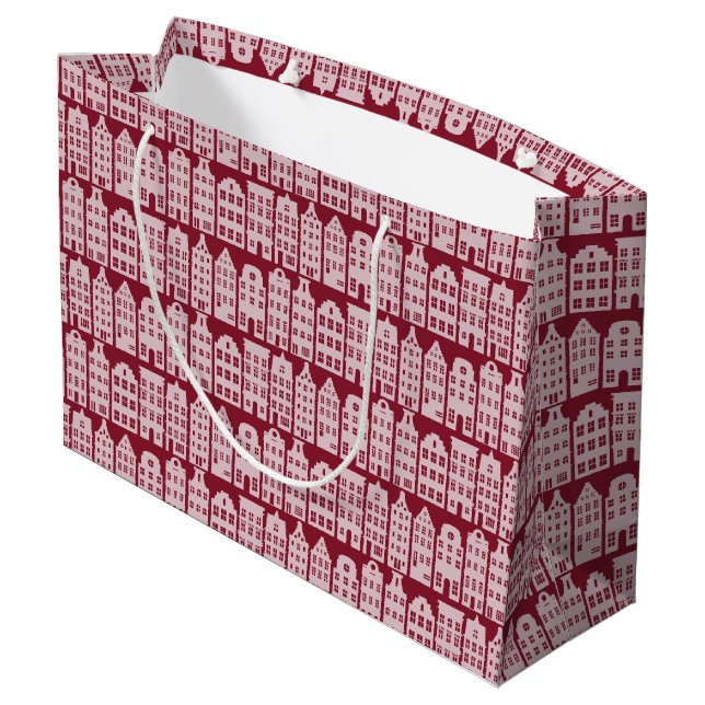 Amsterdam Canal Row Houses Marsala Red Pattern Large Gift Bag (Back Angled)