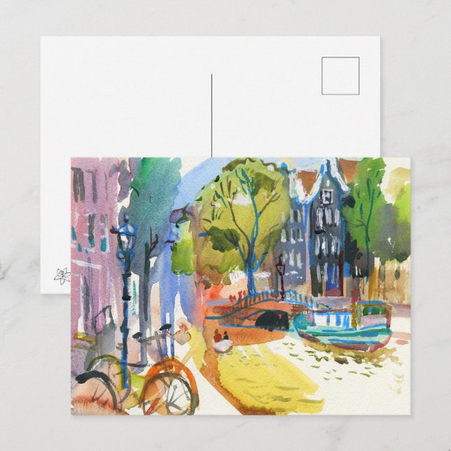 Amsterdam Canal with Bicycles – Watercolor Art Holiday Postcard (Front/Back)