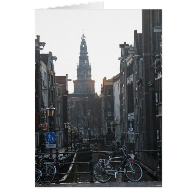 Amsterdam Canal with Bikes and Old Church Card (Front)