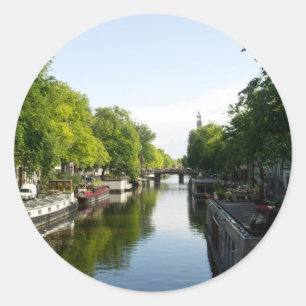 Amsterdam Canal with Boats and Bridge Classic Round Sticker
