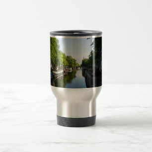 Amsterdam Canal with Boats and Bridge Travel Photo Mug