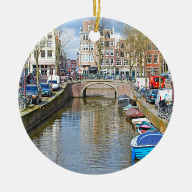 Amsterdam Canal with boats Ceramic Tree Decoration (Front)