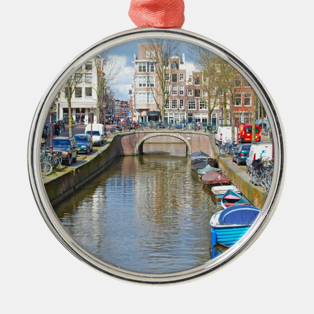 Amsterdam Canal with boats Metal Tree Decoration (Front)