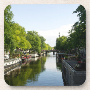 Amsterdam Canal with Houseboats and Lush Trees Coaster