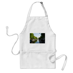 Amsterdam Canal with Houseboats and Lush Trees Standard Apron