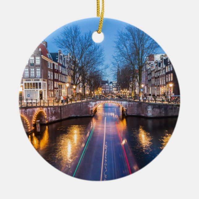 Amsterdam Canals at Night Ceramic Tree Decoration (Front)
