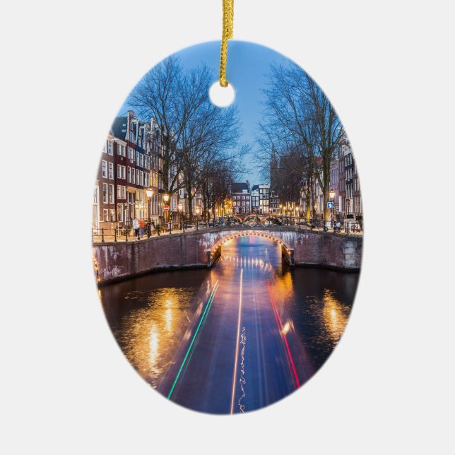 Amsterdam Canals at Night Ceramic Tree Decoration (Front)