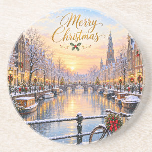 Amsterdam Christmas Winter Canal Round Coaster