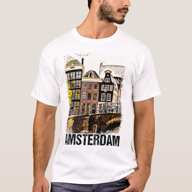 Amsterdam City Streets Vintage Travel Art T-Shirt (Front)