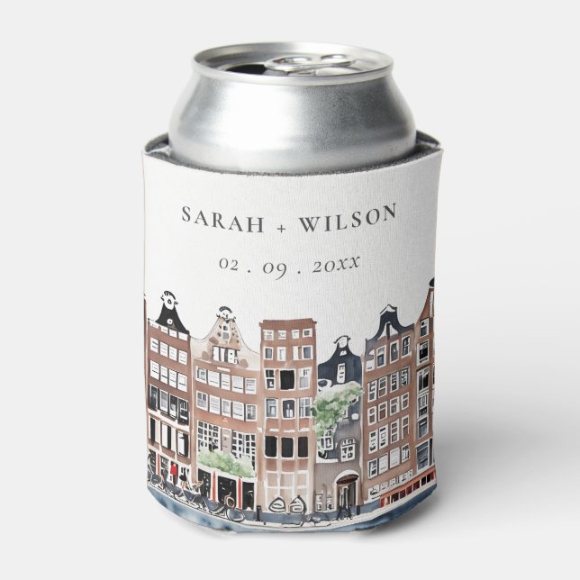 Amsterdam Dutch Canal Watercolor Landscape Wedding Can Cooler (Can Front)