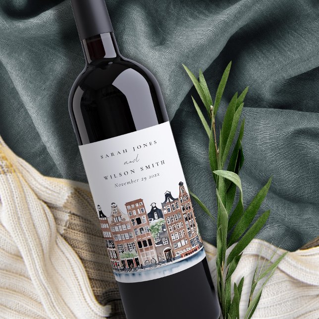 Amsterdam Dutch Canal Watercolor Landscape Wedding Wine Label (Creator Uploaded)