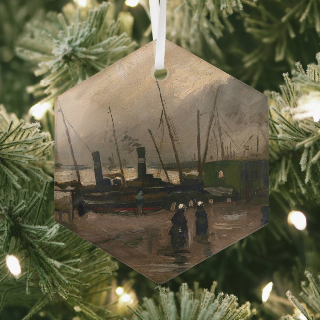 Amsterdam Fishermen's Harbour Storm by Vincent Gog Glass Tree Decoration (Insitu)