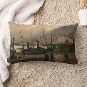 Amsterdam Fishermen's Harbour Storm by Vincent Gog Lumbar Cushion