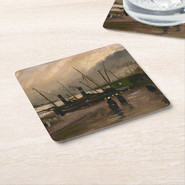 Amsterdam Fishermen's Harbour Storm by Vincent Gog Square Paper Coaster (Angled)