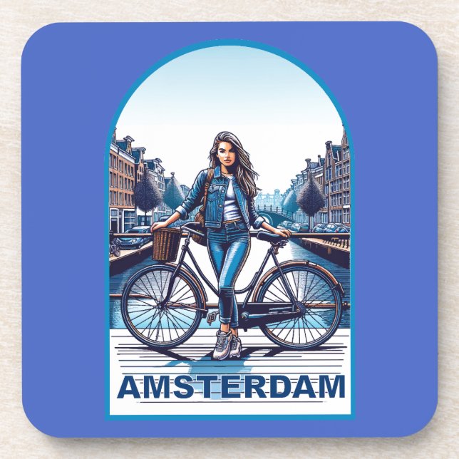 Amsterdam girl with bicycle on bridge coaster (Front)
