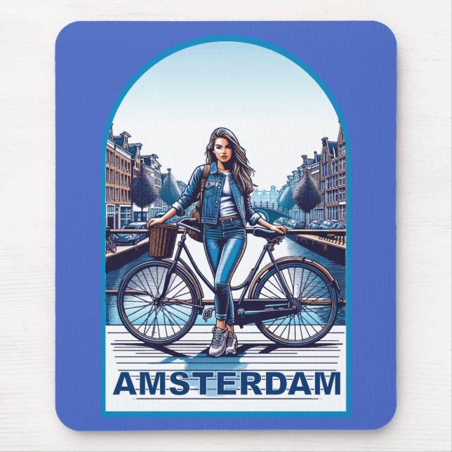Amsterdam girl with bicycle on bridge mouse pad (Front)