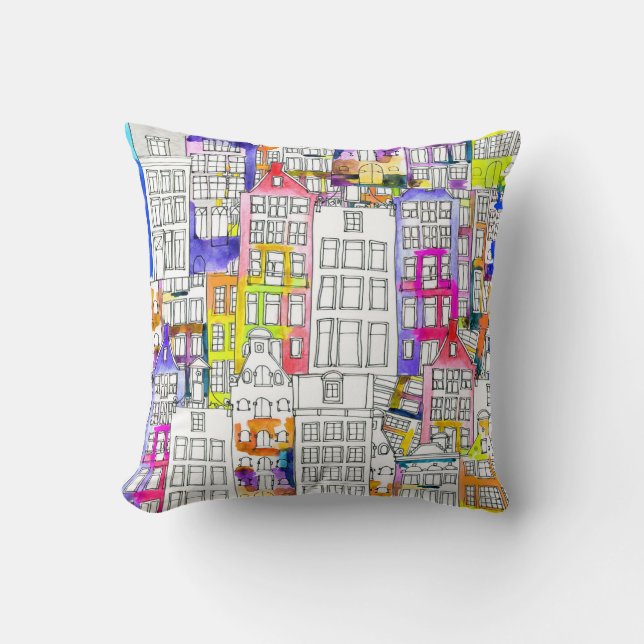 Amsterdam Houses: Watercolor Seamless Pattern Cushion (Front)