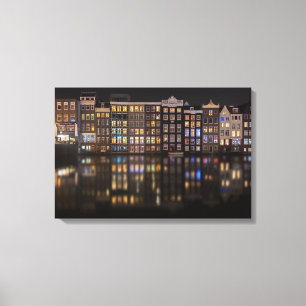 Amsterdam houses with colourful lights in the nigh canvas print