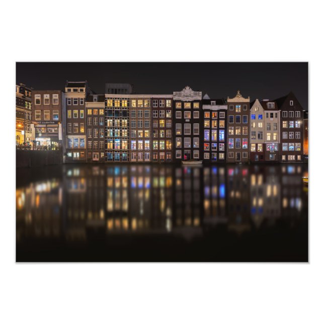 Amsterdam houses with colourful lights in the nigh photo print (Front)