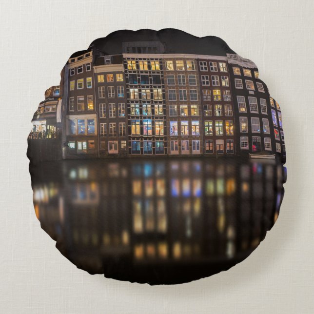 Amsterdam houses with colourful lights in the round cushion (Front)
