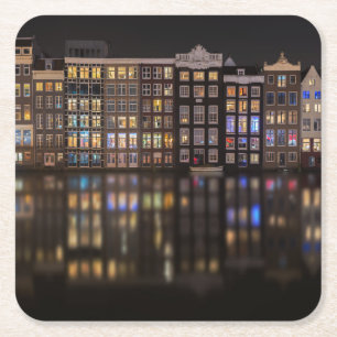 Amsterdam houses with colourful lights in the square paper coaster
