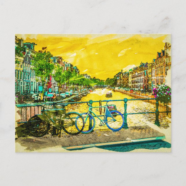 AMSTERDAM, I Love Netherlands Watercolor Canals Postcard (Front)