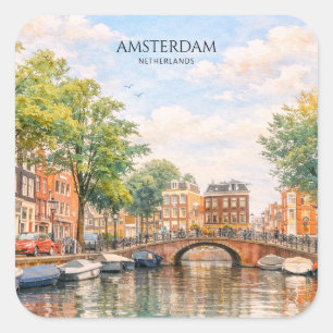 Amsterdam Netherlands Canal Colourful City Trave Square Sticker