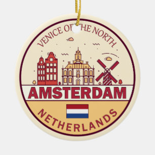 Amsterdam Netherlands City Skyline Emblem Ceramic Tree Decoration