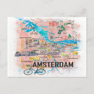 Amsterdam Netherlands Illustrated Map  Postcard