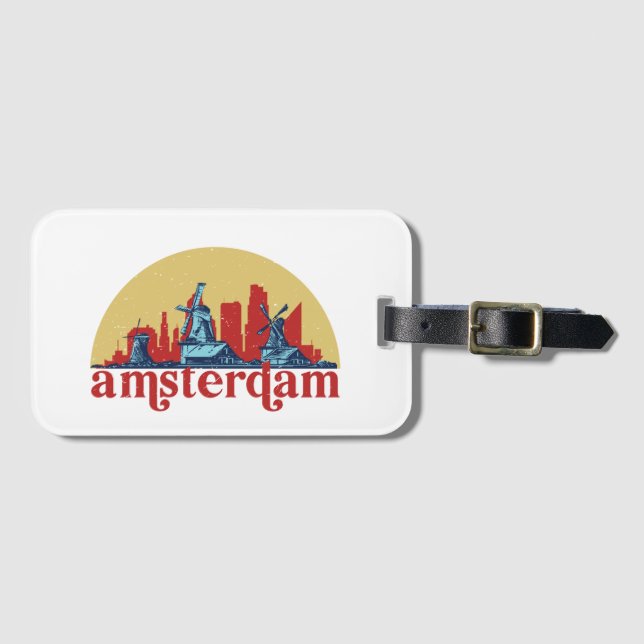 Amsterdam Netherlands Retro City Skyline Cityscape Luggage Tag (Front Horizontal)