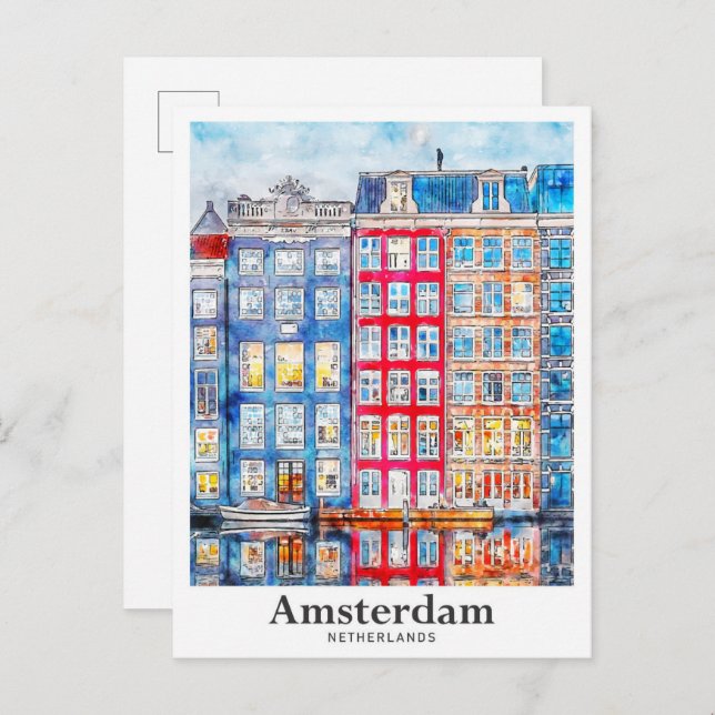 Amsterdam Netherlands Travel Watercolor Hand Drawn Postcard (Front/Back)