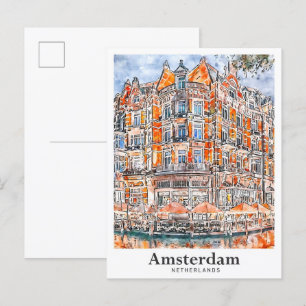 Amsterdam Netherlands Travel Watercolor Hand Drawn Postcard