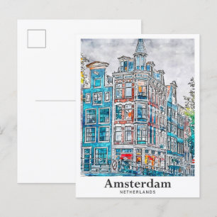 Amsterdam Netherlands Travel Watercolor Hand Drawn Postcard