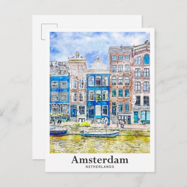 Amsterdam Netherlands Travel Watercolor Hand Drawn Postcard (Front/Back)